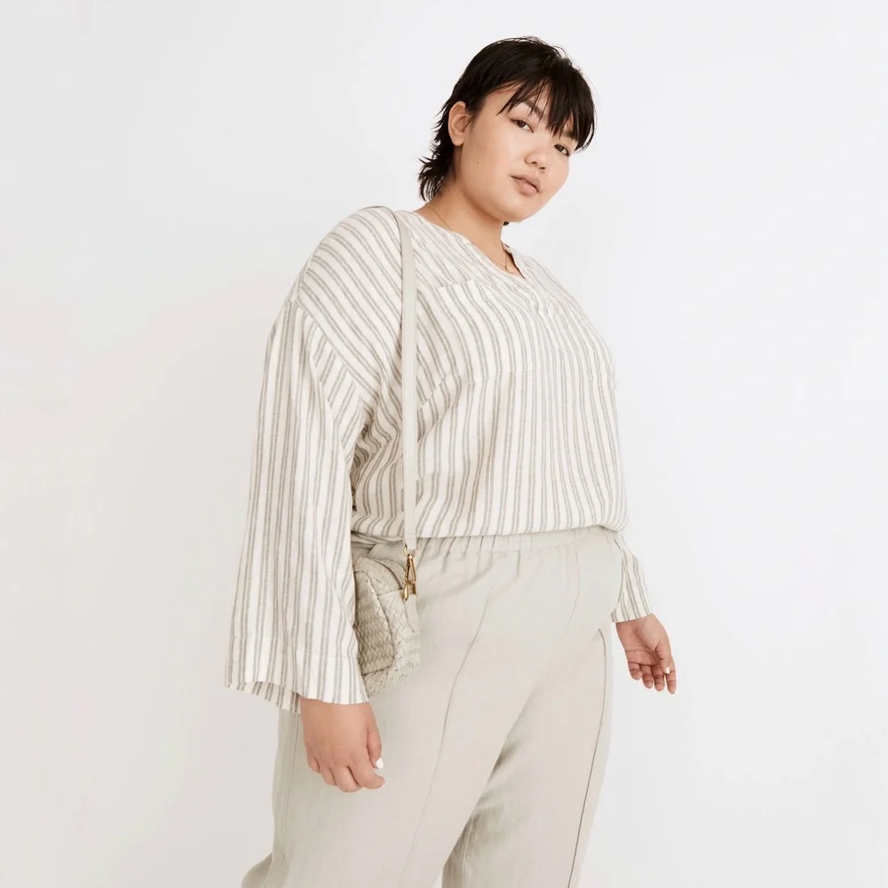 SOLD Madewell Plus Linen-Blend Lakeline Popover Shirt in Hester Stripe Size XXL
